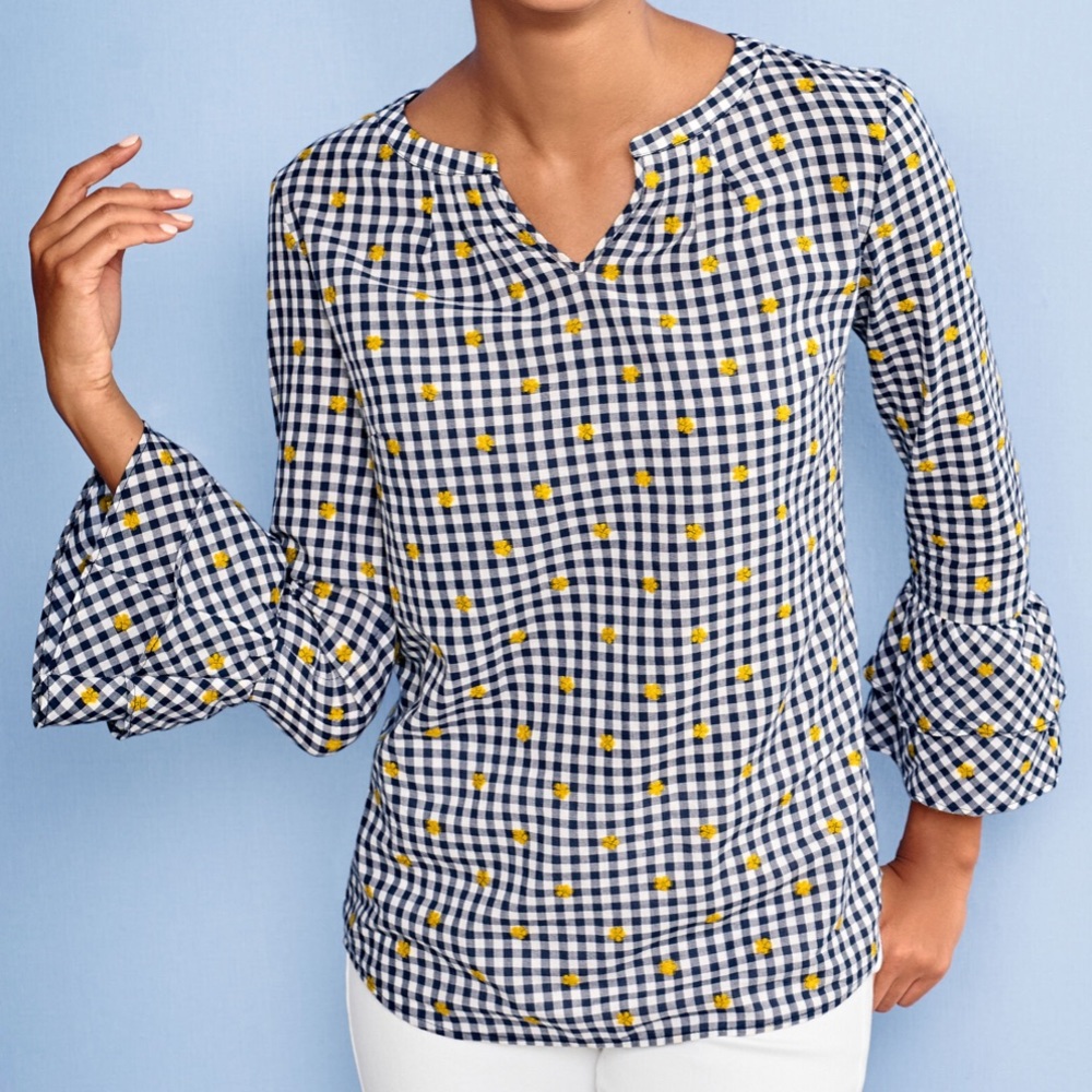 Talbots Petites Gingham Peasant Style Blouse with Tiered Bell Sleeves Embroidery